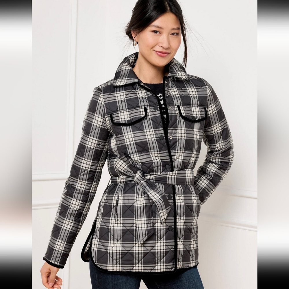 Talbots Womens Shirt Jacket Tie Waist Quilted Traditional‎ Plaid Puffer Coat XLP